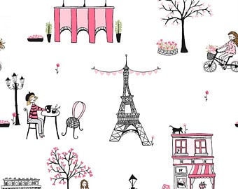 Moda Fabrics Abbi Hall 1 Yard or More Kiss Kiss with Love from Paris on Aqua Cotton Fabric Eiffel Tower Birds Love Notes