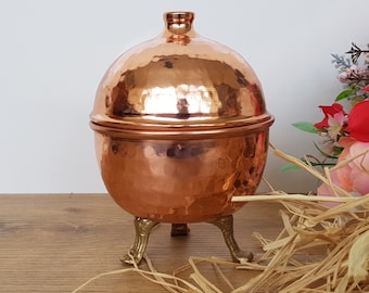 Small Copper Decor Bowl,Decorative Mini Tripod Round Candy Dish With Lid,Sweet Gift Bowl,Authentic Ottoman Style Small Bright Copper Bowl