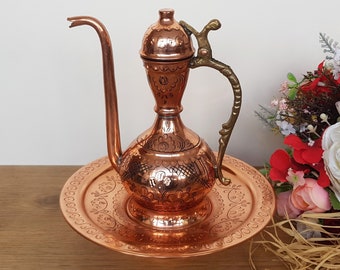 Decorative Copper Pitcher,Hammered Copper Ewer Basin Set,Engraved Small Pitcher or Vase and Stand,Farmhouse Decor with Special Gift Box