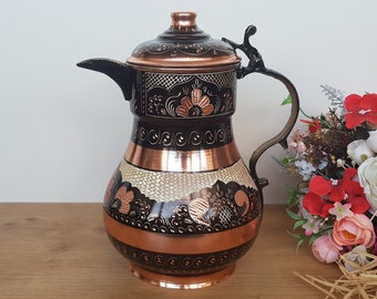 Copper Water Pitcher,Handmade Tinned Copper Jug,Water Jug Dispenser,Engraved Jug,Hammered Decorative Turkish Ottoman Arabic Dallah Ewer