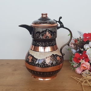 Copper Water Pitcher,Handmade Tinned Copper Jug,Water Jug Dispenser,Engraved Jug,Hammered Decorative Turkish Ottoman Arabic Dallah Ewer