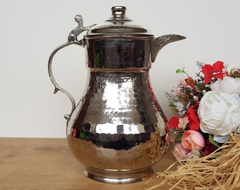 Silver Plated Copper Water Pitcher,Handmade Tinned Copper Jug,Water Jug Dispenser,Handcrafted Decorative Turkish Ottoman Arabic Dallah Ewer