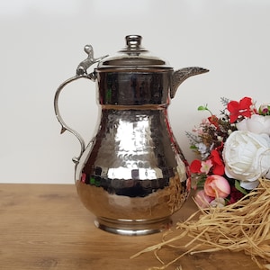 Silver Plated Copper Water Pitcher,Handmade Tinned Copper Jug,Water Jug Dispenser,Handcrafted Decorative Turkish Ottoman Arabic Dallah Ewer