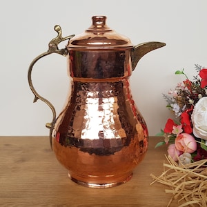 Copper Water Pitcher,Handmade Tinned Copper Jug,Water Jug Dispenser,Silver Jug,Unique Hammered Decorative Turkish Ottoman Arabic Dallah Ewer