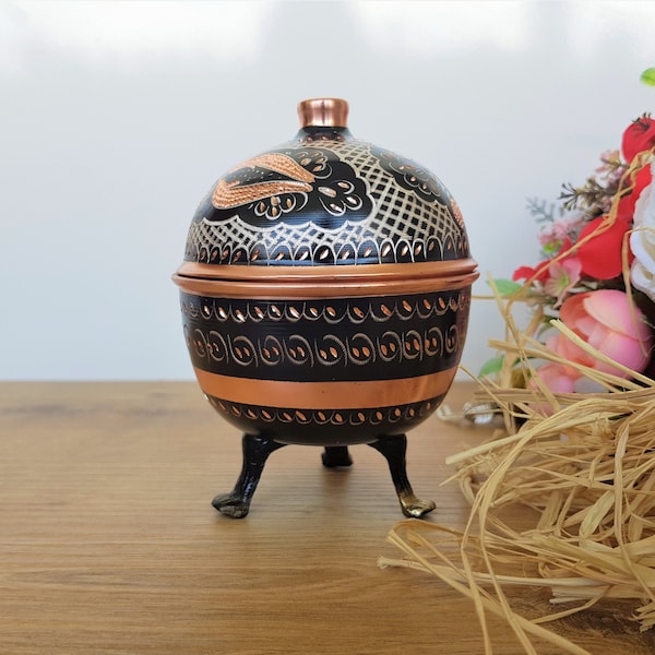 Small Copper Decor Sugar Bowl,Decorative Mini Tripod Bowl,Round Candy Dish With Lid,Turkish Delight Bowl,Ottoman Style Engraved Metal Bowl