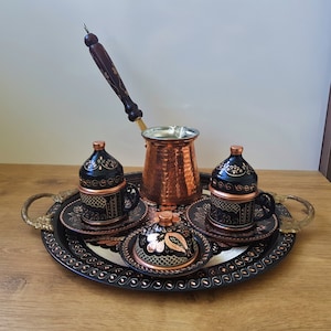 Turkish Coffee Cup Mug Set with Tray and Turkish Coffee Pot(Cezve),High Quality Turkish Arabic Greek Armenian Copper Coffee Set,Espresso Set
