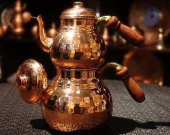 Set de tetera de cobre turco hecho a mano, set de tetera de té negro turco tradicional, set de té metálico, teteras de metal retro decorativo con manijas de madera