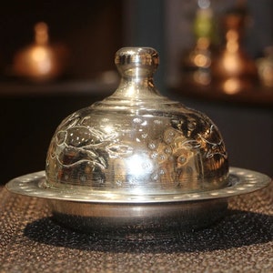 Argent sur copper Bowl, Sugar Bowl with Lid, Turkish Delight Bowl, Silver Plated Copper Candy Dish With Lid, Ottoman Decorative Serving Bowl