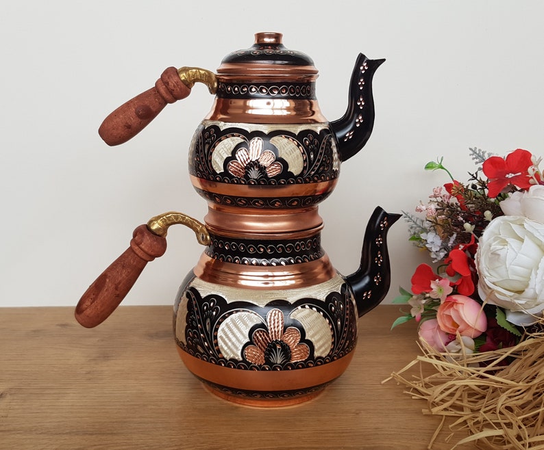 Real Copper Teapot Set,Decorative Tea pot Set with Wood Handle,Emroidered Turkish Teapots with Special Box,Black offers Tea Maker,Metal Teapot Set