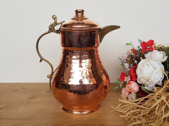 Copper Water Pitcher,Handmade Tinned Copper Jug,Water Jug Dispenser,Silver Jug,Unique Hammered Decorative Turkish Ottoman Arabic Dallah Ewer