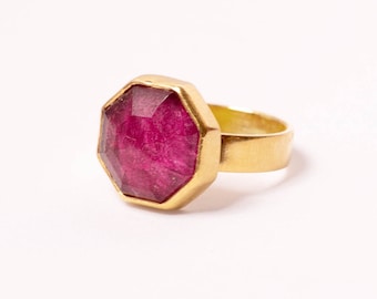 Handmade silver ring with red stone and gold plated