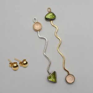 Silver long stud earrings made of silver wire with rose quartz and peridot stones
