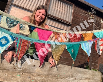 MULTI-COLOURED bunting. Party bunting, wedding bunting, recycled sari bunting.