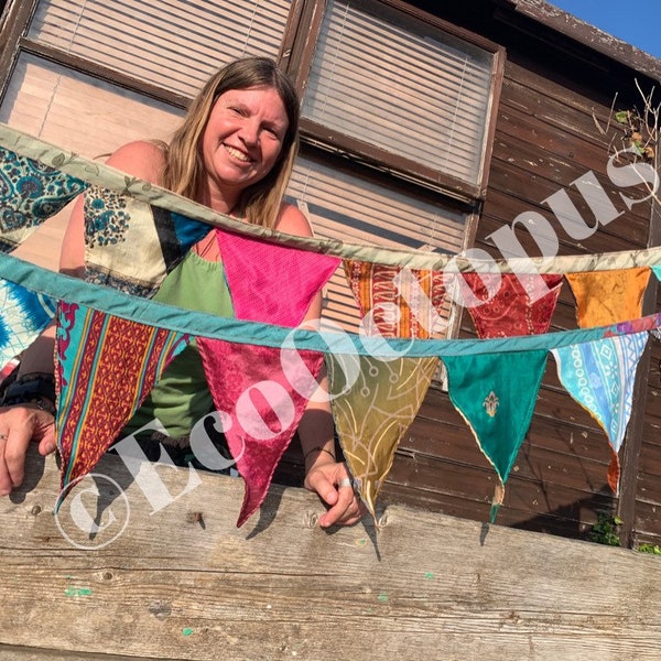 Recycled bunting, sari flags. Unusual bunting, handmade bunting, eco friendly bunting, unique bunting, garden decoration, boho party bunting