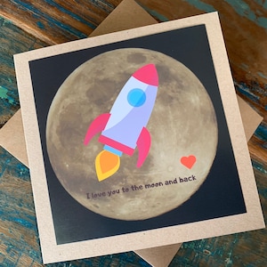 carte recyclée, carte espace, carte romantique, carte amour, carte éco. Carte faite main, carte d'anniversaire de fusée, carte d'anniversaire pour garçon, carte de lune