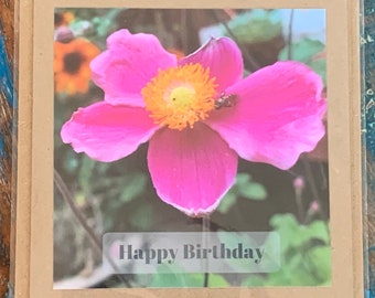 Flower card, recycled card, birthday card, pink birthday gift, Eco friendly card. Handmade birthday card. Unusual birthday card, floral card