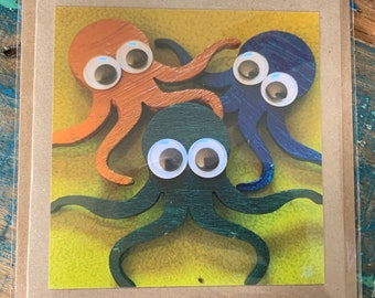 Eco octopus card, recycled card, birthday card, recycled card. Eco friendly card. Handmade card. Unusual Thank you card, blank gift card