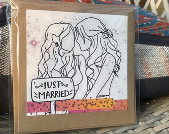 Just married card, recycled handmade wedding card. Homemade wedding card. Same sex wedding card. mrs and mrs, gay wedding card. LGBT wedding