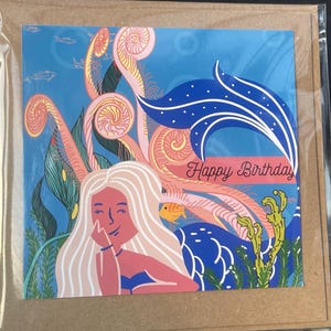 Zeemeerminkaart, gerecyclede kaart, verjaardagskaart. Milieuvriendelijke kaart. Handgemaakte kaart, blanco cadeaukaart, kinderverjaardagskaart. Onder de zee.