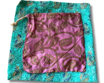 4 pack of small & medium recycled sari bags. Eco friendly wrapping. Recycled bags for gifts. Recycled gift bags. Ethical draw string bags