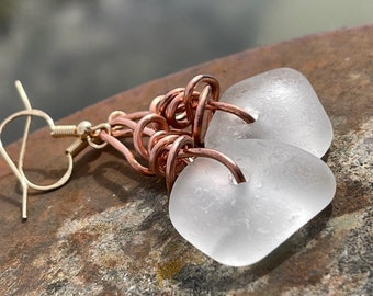 White sea glass earrings, unique earrings, ethical jewellery, boho jewellery, boho earrings, sea glass jewellery, eco friendly jewellery