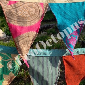 Recycled bunting made from sari off cuts. Unusual bunting, handmade bunting, eco unique bunting, garden decoration, recycled prayer flags