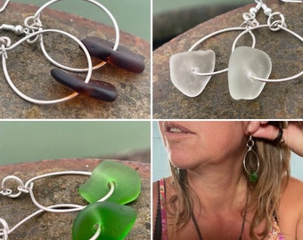 Recycled silver & sea glass earrings. Eco friendly gifts. Boho jewellery. Sea glass hoop earrings, ethical jewellery, sea glass jewellery