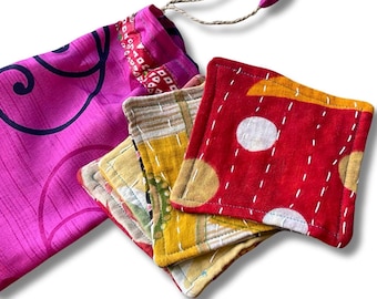 4 Recycled coasters. Eco friendly coasters made from vintage throws. Colourful home decor. Recycled cup matts. Washable and colourful