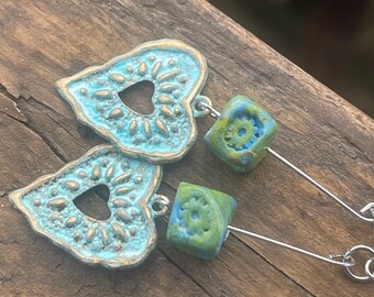 Handmade unusual earrings. Unique handmade earrings, unique jewellery, heart earrings, blue earrings, boho hippy earrings, unusual earrings