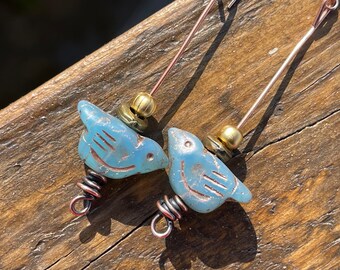 Bird earrings, handmade earrings, eco friendly jewellery, blue earrings, boho gift for her, bird jewellery, ethical jewellery, long earrings