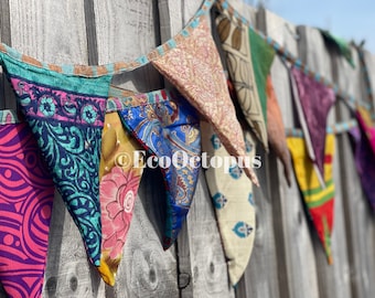 Recycled bunting, sari flags. Unusual bunting, handmade bunting, eco friendly bunting, festival bunting, fair trade bunting, garden flags