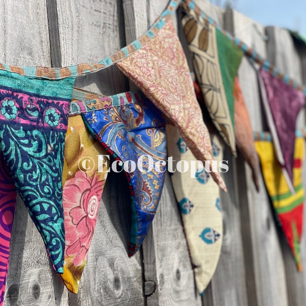 Recycelte Wimpelkette, Sari-Flagge. Ungewöhnliche Wimpelkette, Handgemachte Wimpelkette, Gartenfahne, Festivalgirlande, Fair Trade Wimpelkette