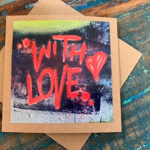 Carte faite main, carte recyclée, carte d'anniversaire, carte d'anniversaire, carte écologique, carte d'amour, carte romantique, carte Je t'aime, carte graffiti, carte funky