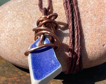 Recycled necklace, sea pottery necklace, eco friendly gift for her. Handmade necklace, ethical jewellery, ceramic necklace, blue necklace