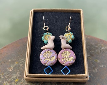 Bird earrings, unique earrings, ethical jewellery, unusual boho jewellery, pink handmade earrings, boho earrings, handmade bird jewellery