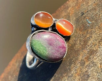 Ruby zoisite ring. Ethical gift for her, orange and green ring, boho ring, gift for him, hippy jewellery, frog ring, ethical jewellery.