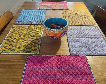 4 Recycled placemats. Eco friendly placemats made from vintage throws. Colourful home decor. Recycled place mats. Washable and colourful
