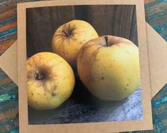 Fallen english autumnal green apples. Photo card, handmade card, birthday card, birthday card, thank you card, greetings card, recycled card