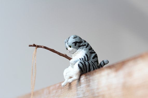 cat with fishing pole Black Stripes Scottish Fold Fishing Cat With a Fishing Rod Figurine Toy,  Fish Tank Decor, Miniature Figurine, Buddy Mini Desk, Fairy Garden