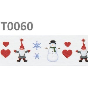 May include: White decorative ribbon with a repeating pattern of snowmen, red hearts, gnomes, and blue snowflakes. The text "WT0060" is in the upper left corner. Suitable for festive crafts and decorations.