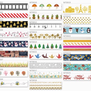May include: A collection of 25 different washi tapes with various designs, including film strips, red and white stripes, gold glitter, flowers, mushrooms, Christmas trees, Santa Claus, origami cranes, and more. The tapes are labeled with the code WT0001 through WT0025.