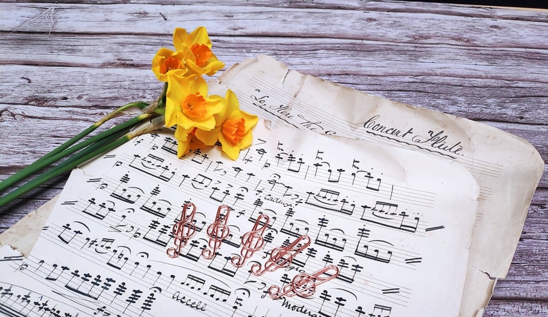 May include: A sheet of music with the words "Concert Flute" written on it.  The music is held together with several gold treble clef paper clips.  A bouquet of yellow daffodils is on the left side of the sheet music.