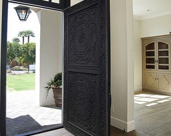 Custom Hand Carved Black Front Door, Antique Barn Doors, Interior Exterior Doors, Sliding or Hinged Doors, Pocket, Closet Door, Pantry Door