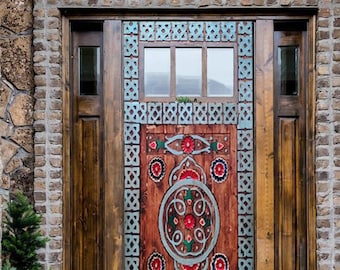 May include: A wooden door with a decorative, colorful, geometric pattern painted on it. The door is surrounded by a brick wall and has a small evergreen tree in a pot to the left.