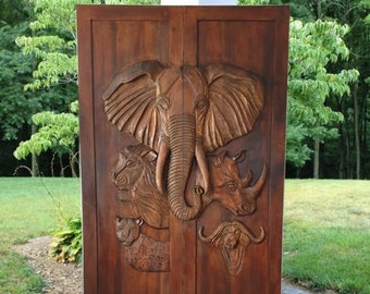 Safari Elephant King Animal Hand Carved Paint Wood Hang Mask Long Nose Trunk Up 