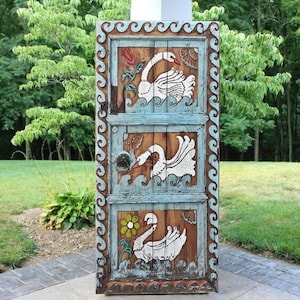 Swan Hand‑Carved Rustic Wood Door – Single or Double, Exterior/Interior, Spanish‑Hacienda Charm