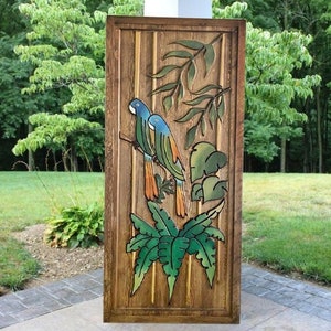 Palm & Parrot Carved Wooden Front Doors, Exterior, Interior Farmhouse Barn Door, Custom Size Bed Headboard, Wood Wall Art Decor