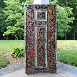 Floral Carved Farmhouse Barn Door, Rustic Entrance Front Door, interior exterior Doors, Dining Table, Bed Headboard, Wood Wall Art Decor