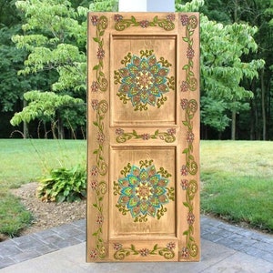 Wooden Interior, Exterior Mandala Doors | Custom Wood Front Entry Door | Carved Barn Doors | Antique Farmhouse Lotus Doors | Bed Headboard