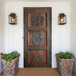 Hand-Carved Viking Entrance Front Door | Antique Doors | Custom Runes Wooden interior Exterior Barn Doors | Scandinavian Sign Wall Decor